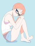  1girl :t bare_arms bare_legs bare_shoulders barefoot blue_background blue_eyes blush boyshorts bra closed_mouth from_side hi_iro legs_crossed looking_at_viewer orange_hair original pink_bra short_hair simple_background sitting solo underwear white_camisole 