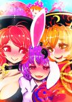  4girls :3 :d animal_ears bangs black_hat breasts chain chains cleavage closed_mouth clownpiece crescent_moon eyebrows_visible_through_hair fire furrowed_eyebrows gold_chain hair_between_eyes hakkasame hat hecatia_lapislazuli jester_cap junko_(touhou) large_breasts moon multiple_girls open_mouth orange_eyes orange_hair polka_dot polka_dot_hat polos_crown purple_hair rabbit_ears red_eyes redhead reisen_udongein_inaba shirt smile tabard torch touhou white_shirt 