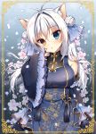  1girl :o animal_ears antenna_hair bangs bare_shoulders blue_dress blue_eyes blush breasts brown_eyes cat_ears china_dress chinese_clothes commentary_request detached_sleeves double_bun dress eyebrows_visible_through_hair flower hair_between_eyes hair_intakes hand_up head_tilt heterochromia lolita_fashion long_hair long_sleeves looking_at_viewer mauve medium_breasts original parted_lips petals pink_flower qi_lolita side_bun silver_hair sleeveless sleeveless_dress sleeves_past_wrists solo very_long_hair white_flower wide_sleeves 