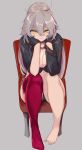  1girl ahoge barefoot bikini_bottom bikini_top breasts chair cleavage commentary_request fate_(series) frown gloves grey_background grey_hair hair_between_eyes hands_on_own_cheeks hands_on_own_face jacket jeanne_d&#039;arc_(alter)_(fate) jeanne_d&#039;arc_(fate)_(all) kanameya long_hair long_sleeves looking_at_viewer single_thighhigh sitting solo swimsuit thigh-highs yellow_eyes 