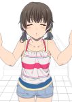  1girl blue_shorts brown_hair bunny_hair_ornament carrot_hair_ornament closed_eyes commentary_request food_themed_hair_ornament hair_ornament hair_tie incoming_kiss low_twintails mattaku_mousuke original pov reaching_out shorts solo striped tank_top twintails 