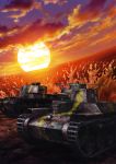  absurdres camouflage caterpillar_tracks chi-hatan_(emblem) clouds cloudy_sky dutch_angle emblem girls_und_panzer ground_vehicle highres military military_vehicle motor_vehicle no_humans ocean official_art outdoors sky splashing sunset tank tank_focus type_95_ha-gou type_97_chi-ha vehicle_focus 