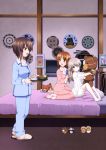  3girls :d absurdres bangs barefoot bed bed_sheet bedroom blue_pants blue_shirt boko_(girls_und_panzer) bowl brown_eyes brown_hair brushing_another&#039;s_hair cup eyebrows_visible_through_hair eyepatch girls_und_panzer ground_vehicle hair_brush hair_down highres holding holding_stuffed_animal indoors light_brown_hair long_hair long_sleeves looking_at_another looking_at_viewer looking_back military military_vehicle model_tank motor_vehicle multiple_girls nishizumi_maho nishizumi_miho official_art on_bed open_mouth pajamas pants parted_lips picture_(object) picture_frame pillow pink_pants pink_shirt sandals shimada_arisu shirt short_hair shorts siblings sisters sitting smile stuffed_animal stuffed_toy tank teacup teddy_bear tray wariza white_shirt white_shorts 