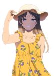  1girl blue_eyes blush collarbone commentary_request dress floral_print grin hand_on_headwear hat light_brown_hair long_hair mattaku_mousuke original print_dress simple_background smile solo sun_hat sundress white_background yellow_dress 