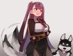  arms_under_breasts black_gloves blush dog dog_tail framed_breasts girls_frontline gloves half_updo high-waist_skirt necktie one_side_up open_mouth purple_hair red_ribbon ribbon skirt sumiyao_(amam) tail tail_wagging tsurime wa2000_(girls_frontline) 
