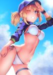  1girl artoria_pendragon_(all) baseball_cap bikini blonde_hair blue_eyes blue_hat blue_sky breasts clouds day dutch_angle fate/grand_order fate_(series) hat long_sleeves looking_at_viewer medium_breasts mysterious_heroine_xx_(foreigner) navel one_eye_closed outdoors parted_lips ponytail ryuinu shrug_(clothing) side-tie_bikini sidelocks sky solo standing sun sunlight swimsuit white_bikini wristband 