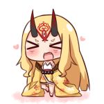 &gt;_&lt; 1girl :d bare_shoulders blonde_hair blush chibi closed_eyes commentary_request facial_mark facing_viewer fangs fate/grand_order fate_(series) forehead_mark full_body hana_kazari horns ibaraki_douji_(fate/grand_order) japanese_clothes kimono long_hair long_sleeves off_shoulder oni oni_horns open_mouth sleeves_past_fingers sleeves_past_wrists smile solo standing standing_on_one_leg very_long_hair white_background wide_sleeves xd yellow_kimono 