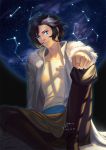  1boy black_hair blue_eyes boots brown_footwear clenched_hand constellation dark_background frown fur_trim jacket looking_at_viewer male_focus multicolored_hair shadow shirt sitting solo star_(sky) tenrou:_sirius_the_jaeger tianlingdoudou two-tone_hair white_hair white_shirt yuily_(sirius) 