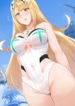  1girl ass_visible_through_thighs bangs bare_shoulders blonde_hair blush breasts casual_one-piece_swimsuit collarbone covered_navel eyebrows_visible_through_hair flying_sweatdrops gem groin headpiece hews_hack highleg highleg_swimsuit highres mythra_(xenoblade) large_breasts long_hair looking_down nintendo one-piece_swimsuit open_mouth shiny shiny_hair side_cutout sky solo sweat swept_bangs swimsuit thigh_gap under_boob underboob_cutout very_long_hair white_swimsuit xenoblade_(series) xenoblade_2 yellow_eyes 