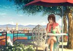  1girl balcony bendy_straw blue_dress blue_eyes blue_sky bow bowtie brown_hair capelet chair chin_rest city cityscape clouds cup daisy day dress drinking_glass drinking_straw elbow_rest expressionless flower frilled_skirt frills gem highres holding legs_crossed looking_to_the_side mountain original outdoors railing red_bow red_neckwear revision shade shadow short_hair sitting skirt sky solo stairs sugi87 table tree umbrella water 