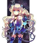  1girl athria blue_eyes blue_legwear crown demon_girl demon_horns demon_tail detached_sleeves elsword eyebrows_visible_through_hair holding holding_hair horns luciela_r._sourcream ribbon simple_background smile star star-shaped_pupils symbol-shaped_pupils tail white_hair 