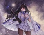  1girl ass_visible_through_thighs assault_rifle bangs between_breasts black_hair blue_neckwear blunt_bangs blush breasts brown_legwear closed_mouth commentary contrapposto cowboy_shot english_commentary eyebrows_visible_through_hair floating_hair full_moon girls_frontline gloves gun hand_on_own_chest holding holding_gun holding_weapon jacket_on_shoulders long_hair looking_at_viewer moon necktie necktie_between_breasts pantyhose pleated_skirt qbz-95_(girls_frontline) rifle skirt smile solo teru_(renkyu) twitter_username vest weapon white_gloves white_skirt white_vest yellow_eyes 