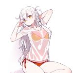  1girl bikini braid breasts chan_co closed_mouth fate/grand_order fate_(series) hand_behind_head hands_up large_breasts long_hair olga_marie_animusphere orange_eyes shirt short_sleeves side-tie_bikini simple_background single_braid sitting solo swimsuit wet wet_clothes wet_shirt white_background 