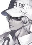  1boy bangs black_eyes capriccio character_name closed_mouth clothes_writing commentary_request dated flat_cap grey_skin hair_over_one_eye hat hataraku_saibou_black jacket looking_away male_focus portrait signature simple_background solo translated u-1146 white_background white_hair white_hat white_jacket 