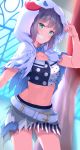 1girl :d aoba_moca aqua_eyes arm_up bang_dream! bangs belt belt_buckle blue_bow blue_neckwear blurry blurry_background bow bowtie breasts buckle collarbone commentary_request cowboy_shot crop_top curtains depth_of_field eyebrows_visible_through_hair grin hood hood_up indoors kurai_masaru layered_skirt looking_at_viewer miniskirt navel open_mouth polka_dot purple_hair see-through short_hair skirt small_breasts smile solo stomach striped teeth torn_clothes torn_skirt vertical_stripes window