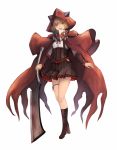  1girl axe bangs blush boots breasts brown_hair cloak collar corset cross-laced_clothes cross-laced_footwear dress eyebrows_visible_through_hair fangs frilled_dress frilled_skirt frills full_body hair_between_eyes hat highres holding holding_axe holding_weapon inaba_sunimi knee_boots legs_crossed looking_at_viewer original parted_lips pleated_skirt red_eyes ribbon shirt short_hair simple_background skirt smile solo standing teeth weapon white_background white_shirt 