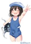  1girl arm_up black_hair blue_swimsuit blush breasts closed_eyes covered_navel daitou_(kantai_collection) ebifurya enemy_naval_mine_(kantai_collection) eyebrows_visible_through_hair hair_between_eyes hat highres kantai_collection open_mouth sailor_hat school_swimsuit short_hair simple_background small_breasts smile swimsuit twitter_username white_background 