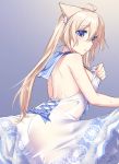  1girl :o ahoge animal_ear_fluff animal_ears backless_dress backless_outfit bare_back bare_shoulders blonde_hair blue_eyes blue_sailor_collar blush breasts dress ears_down fox_ears from_behind grey_background konshin long_dress long_hair looking_at_viewer looking_back original parted_lips phantasy_star phantasy_star_online_2 sailor_collar sailor_dress sideboob solo sweat sweatdrop twintails wet wet_clothes white_dress 