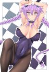  1girl alternate_costume animal_ears armpits arms_up blue_eyes blush braid breasts bunny_day bunnysuit checkered checkered_background covered_navel cuffs detached_collar dura hair_between_eyes hair_ribbon handcuffs highres large_breasts long_hair looking_at_viewer neptune_(series) pantyhose power_symbol purple_hair purple_heart rabbit_ears ribbon skin_tight smile solo symbol-shaped_pupils twin_braids twintails very_long_hair wrist_cuffs 