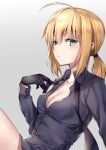  1girl ahoge artoria_pendragon_(all) bangs black_gloves blonde_hair blush breasts buttons cleavage collarbone collared_shirt dress_shirt eyebrows_visible_through_hair fate/zero fate_(series) frown gloves gradient gradient_background green_eyes grey_background hair_between_eyes hane_yuki highres lips long_hair long_sleeves looking_at_viewer medium_breasts necktie ponytail saber shiny shiny_hair shirt solo unbuttoned untied white_background 
