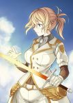  1girl blonde_hair blue_eyes blue_sky bodystocking braid breasts character_request cloud_kingdom clouds covered_navel day french_braid gloves glowing glowing_sword glowing_weapon highres large_breasts lips making_of pas_(paxiti) short_ponytail sky solo sword uniform weapon white_gloves 