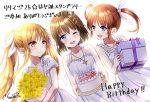  3girls ;d bangs bare_arms bare_shoulders birthday_cake blonde_hair blue_eyes blush bouquet box breasts brown_hair cake character_name collarbone commentary_request dress dutch_angle eyebrows_visible_through_hair fate_testarossa fingernails flower food fruit gift gift_box hair_between_eyes hair_ribbon happy_birthday heart holding holding_gift holding_plate jewelry looking_at_another looking_at_viewer looking_to_the_side lyrical_nanoha mahou_shoujo_lyrical_nanoha minamoto_mamechichi multiple_girls off-shoulder_dress off_shoulder one_eye_closed open_mouth pendant plate ponytail red_eyes ribbon sidelocks signature sleeveless sleeveless_dress small_breasts smile star strawberry takamachi_nanoha translated twintails violet_eyes white_dress white_ribbon yagami_hayate yellow_flower 