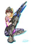  1girl absurdres ayase_eli blonde_hair cosplay crossover gun highres jindai3663 love_live! love_live!_school_idol_project overwatch rifle sniper_rifle squatting visor weapon widowmaker_(overwatch) widowmaker_(overwatch)_(cosplay) 