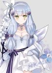  1girl bangs blue_flower blush bow breasts butterfly_hair_ornament cleavage closed_mouth collarbone commentary_request dress elbow_gloves eyebrows_visible_through_hair facial_mark flower girls_frontline gloves green_eyes grey_background hair_ornament hairband highres hk416_(girls_frontline) jewelry long_hair looking_at_viewer lunacats medium_breasts necklace pearl_necklace pleated_dress purple_bow purple_ribbon ribbon ring silver_hair smile solo strapless strapless_dress striped striped_bow striped_ribbon very_long_hair white_dress white_flower white_gloves white_hairband 