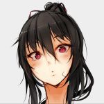  1girl :o black_hair commentary_request copyright_request eyebrows_visible_through_hair grey_background hair_between_eyes hair_ribbon light_blush long_hair looking_at_viewer noccu parted_lips ponytail portrait red_eyes red_ribbon ribbon simple_background solo 
