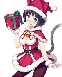  animal_ears bell black_hair blue_eyes blush box cat_ears cat_tail daibouken!_yukeyuke_osawari_island gift gift_box gift_wrapping gloves hat hat_with_ears holding ichigo_(daibouken!_yukeyuke_osawari_island) looking_at_viewer nontan official_art open_mouth santa_costume santa_gloves santa_hat short_hair skirt tail 