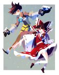  2girls bow brown_hair crossover detached_sleeves dual_wielding goggles hair_bow hair_tubes hakurei_reimu highres holding jacket japanese_clothes miko multiple_girls overwatch pants papang skirt touhou tracer_(overwatch) yellow_pants 