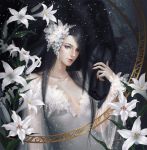  1girl black_hair blue_eyes breasts cleavage collarbone dress floral_print flower hair_flower hair_ornament hand_up horse lily_(flower) long_hair looking_at_viewer original see-through signature small_breasts solo tianlingdoudou upper_body white_dress 