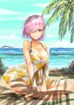  1girl aiueonesan_(umanaminoatama) beach bikini bikini_under_clothes breasts cleavage collarbone commentary_request crab day dress fate/grand_order fate_(series) hair_over_one_eye large_breasts looking_at_viewer mash_kyrielight ocean orange_print palm_tree purple_hair short_hair sitting smile solo spaghetti_strap strap_slip sundress swimsuit tree violet_eyes 