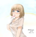  1girl bangs blonde_hair blue_eyes blush boxreeema character_name commentary dated eyebrows_visible_through_hair food food_in_mouth girls_und_panzer katyusha looking_at_viewer mouth_hold popsicle shirt shirt_tug short_hair solo standing sweat t-shirt twitter_username upper_body white_shirt 