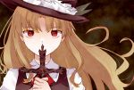  1girl bangs blonde_hair bow closed_mouth covering_mouth cross dolls_in_pseudo_paradise dress hair_between_eyes hat holding long_hair long_sleeves looking_at_viewer miko_(miko030751) red_eyes ribbon solo standing touhou 