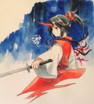  1girl black_hair closed_mouth commentary_request dress hair_ribbon highres holding holding_sword holding_weapon horns kaigen_1025 konngara_(touhou) long_sleeves ponytail red_dress red_eyes red_horns red_ribbon ribbon shirt single_horn solo sword touhou touhou_(pc-98) traditional_media weapon white_shirt 