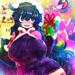  1girl :d ahoge al_bhed_eyes alternate_breast_size bangs blue_eyes blue_hair breasts christmas creatures_(company) dark_blue_hair game_freak gastly gen_1_pokemon gen_7_pokemon gengar gift hair_between_eyes hairband hakkasame hat hex_maniac_(pokemon) huge_breasts long_hair long_sleeves messy_hair mimikyu nintendo npc_trainer open_mouth pokemon pokemon_(creature) pokemon_(game) pokemon_xy purple_hairband purple_sweater red_hat ribbed_sweater santa_hat smile solo sweater thigh-highs turtleneck turtleneck_sweater wavy_mouth 