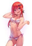  1girl :3 :d arm_up ataruman bikini breasts cleavage contrapposto cowboy_shot eyebrows_visible_through_hair fang front-tie_bikini front-tie_top gabriel_dropout highres kurumizawa_satanichia_mcdowell long_hair looking_at_viewer low_twintails navel open_mouth redhead side-tie_bikini simple_background small_breasts smile solo striped striped_bikini swimsuit twintails violet_eyes white_background 