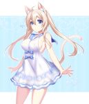  1girl ? animal_ears blonde_hair blue_eyes bow breasts cat_ears cat_tail closed_mouth dated dress eyebrows_visible_through_hair konshin large_breasts long_hair looking_at_viewer original phantasy_star phantasy_star_online_2 sideboob signature solo standing tail twintails white_dress 