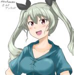  1girl :d anchovy bangs black_ribbon boxreeema breasts character_name commentary dated drill_hair eyebrows_visible_through_hair girls_und_panzer green_shirt highres long_hair looking_at_viewer medium_breasts open_mouth red_eyes ribbon riding_crop shirt short_sleeves simple_background smile solo twin_drills twintails twitter_username upper_body white_background 