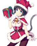  animal_ears bell black_hair blue_eyes box cat_ears cat_tail closed_mouth daibouken!_yukeyuke_osawari_island gift gift_box gift_wrapping gloves hat hat_with_ears holding ichigo_(daibouken!_yukeyuke_osawari_island) looking_at_viewer nontan official_art santa_costume santa_gloves santa_hat short_hair skirt smile tail 