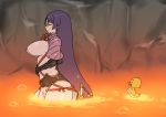  1girl bird breasts closed_eyes duck duckling fate/grand_order fate_(series) highres katana large_breasts long_hair minamoto_no_raikou_(fate/grand_order) molten_rock purple_hair rei_(rei_rr) smile sword tom_and_jerry very_long_hair wading weapon 