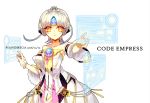  1girl athria bare_shoulders code:_empress_(elsword) crown elsword eve_(elsword) facial_mark forehead_jewel holographic_touchscreen open_mouth short_hair silver_hair white_background yellow_eyes 