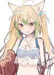  1girl ahoge animal_ears atalanta_(fate) blonde_hair blue_bra blush bra breasts cat_ears criss-cross_halter embarrassed fate/apocrypha fate_(series) green_eyes green_hair hair_between_eyes halterneck ikeuchi_tanuma long_hair looking_at_viewer open_mouth simple_background small_breasts solo sweatdrop underwear upper_body white_background 
