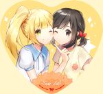  2girls ;) bangs black_eyes black_hair blonde_hair blunt_bangs blush cheek-to-cheek collared_shirt creatures_(company) english eyebrows_visible_through_hair floral_print game_freak green_eyes hair_ribbon heart index_finger_raised lillie_(pokemon) long_hair looking_at_viewer mizuki_(pokemon) multiple_girls nintendo one_eye_closed pokemon pokemon_(game) pokemon_sm print_shirt puffy_short_sleeves puffy_sleeves red_ribbon ribbon shiny shiny_hair shirt short_hair short_sleeves smile sparkle upper_body white_shirt yuhi_(hssh_6) yuri 