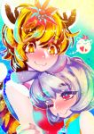  2girls :3 ;) animal_ears black_hair blonde_hair closed_mouth eyebrows_visible_through_hair hair_ornament hakkasame jewelry kemonomimi_mode looking_at_another mouse_ears multicolored_hair multiple_girls nazrin one_eye_closed pendant red_eyes short_hair silver_hair smile streaked_hair tail tiger_ears tiger_tail toramaru_shou touhou twitter_username two-tone_hair yellow_eyes 