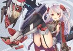  1girl :d ahoge ankle_boots armpit_cutout ass azur_lane bangs black_legwear black_panties blush boots breasts commentary_request double-breasted faulds garter_straps grey_footwear grey_hair hand_on_own_knee headgear hetaren_(ramark) highres iron_cross long_hair long_sleeves looking_at_viewer machinery medium_breasts military military_uniform multicolored multicolored_eyes multicolored_hair no_pants open_mouth orange_eyes panties prinz_eugen_(azur_lane) red_eyes redhead shiny shiny_hair sideboob sidelocks smile solo streaked_hair swept_bangs thigh-highs thighs turret two-tone_background two_side_up underwear uniform v-shaped_eyebrows very_long_hair wide_sleeves 