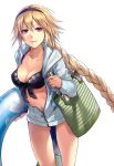  1girl bag belly_button bikini black_bikini blonde_hair braid cute fate/apocrypha fate/grand_order fate_(series) floral_print hairband hood hooded_jacket innertube jacket jeanne_d&#039;arc_(fate)_(all) jeanne_d&#039;arc_(swimsuit_archer) navel parted_lips ponytail redapple999 ruler_(fate/apocrypha) solo swimsuit very_long_hair violet_eyes zipper 
