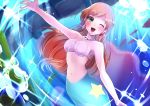  1girl :d blush collarbone commentary_request creatures_(company) earrings game_freak green_eyes hair_ornament highres jewelry kasumi_(pokemon) long_hair mermaid monster_girl nintendo one_eye_closed open_mouth orange_hair pokemon shell shell_bikini smile solo sparkle underwater yrzirst 