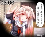  1girl baileys_(tranquillity650) bangs black_ribbon black_serafuku blonde_hair blush breasts check_translation eyebrows_visible_through_hair eyes_visible_through_hair gloves gradient_hair hair_flaps hair_ornament hair_ribbon hairclip hand_up head_tilt highres indoors kantai_collection long_hair looking_at_viewer medium_breasts messy_hair multicolored_hair neckerchief open_mouth reaching_out red_eyes red_neckwear remodel_(kantai_collection) ribbon scarf school_uniform serafuku short_sleeves sidelocks signature smile solo translation_request upper_body white_scarf yuudachi_(kantai_collection) 